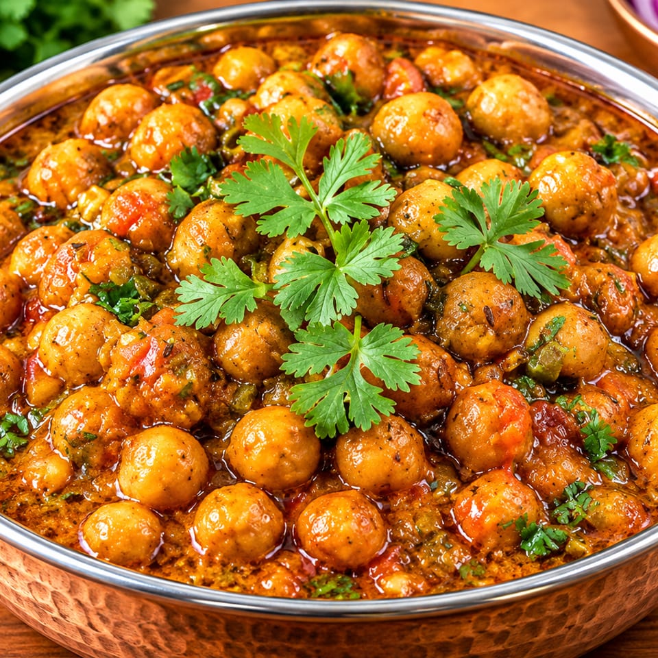 Spiced vegetable kofta curry garnished with fresh cilantro in a hammered metal serving bowl.