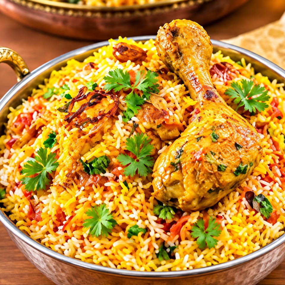 Spiced chicken biryani with colorful rice, vegetables, and cilantro served in a decorative metal dish.