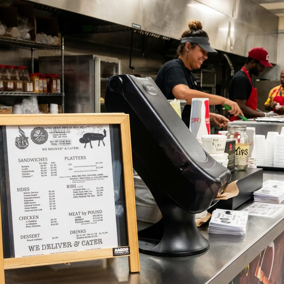 Restaurant counter displays a framed menu, payment terminal, cups, condiments, and staff preparing orders in the commercial kitchen.