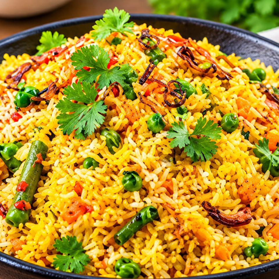 Close-up of golden vegetable rice with peas, carrots, green beans, fried onions, and fresh cilantro in a black bowl.