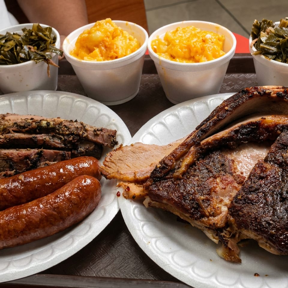 Plates of smoked meats, sausages, ribs, macaroni and cheese, and collard greens on a restaurant tray.