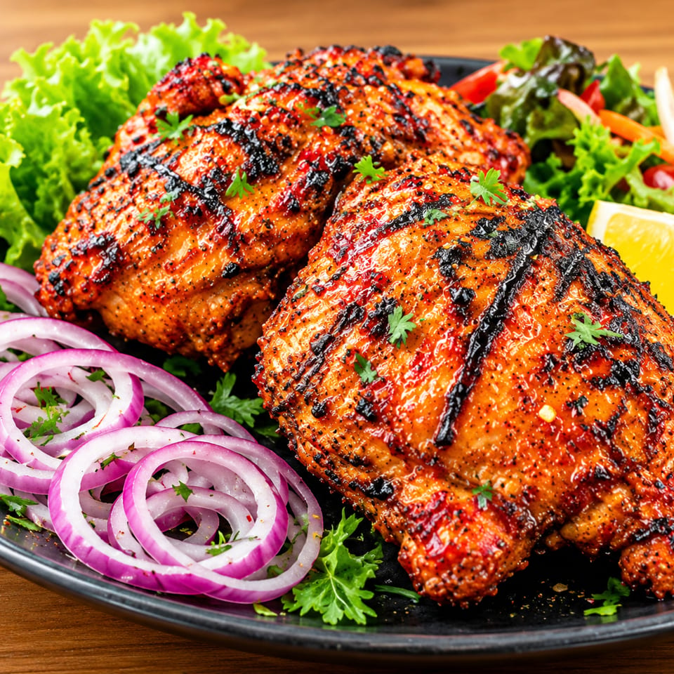 Grilled spiced chicken breasts with char marks, red onions, leafy greens, herbs, and lemon on a black plate.