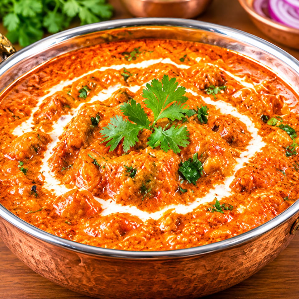 Creamy Indian curry with tender pieces, garnished with fresh cilantro in a copper serving bowl.