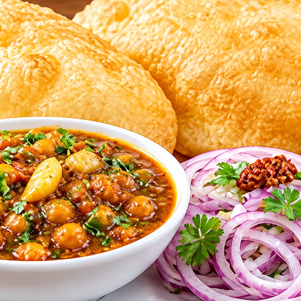 Indian chickpea curry garnished with cilantro, served with puffed puris, rice, red onion rings, and chutney.