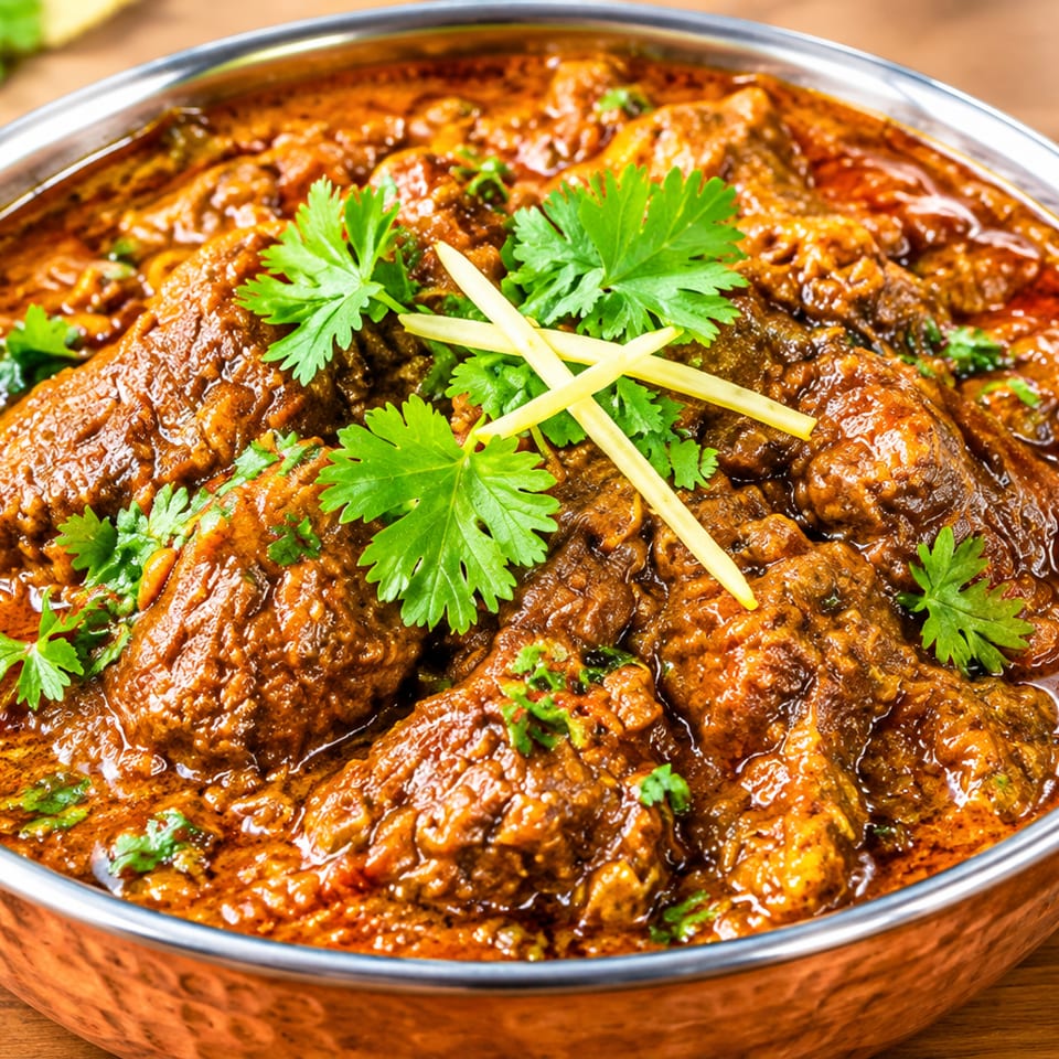 Rich Indian meat curry garnished with fresh cilantro and ginger strips in a copper serving dish.