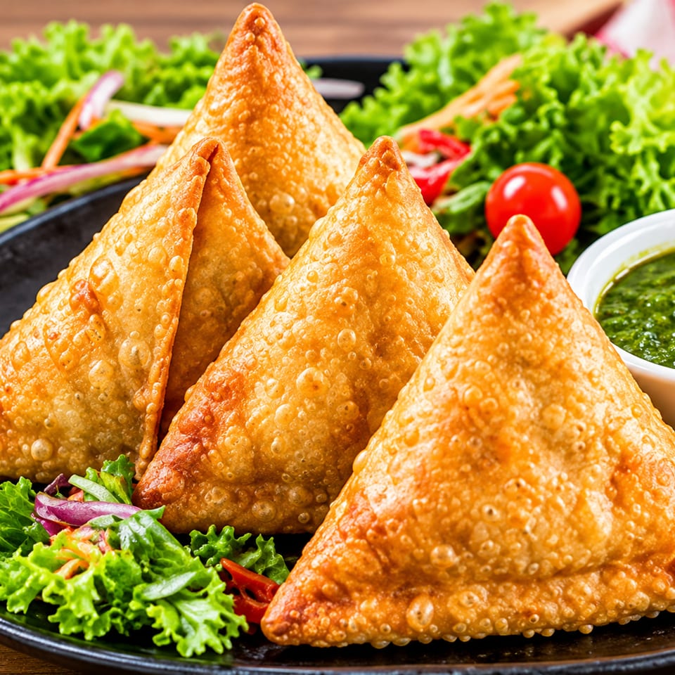 Four golden fried samosas on a black plate with lettuce, tomatoes, vegetables, and green dipping sauce.
