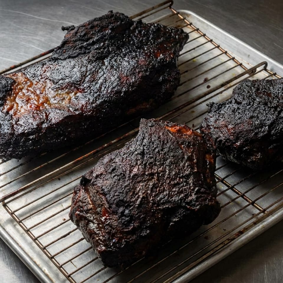 Three heavily smoked barbecue brisket portions rest on a wire rack over a metal baking sheet.