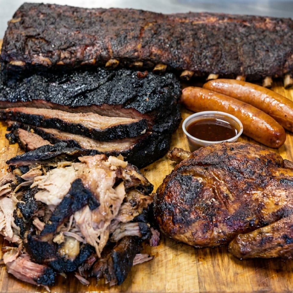 Wooden board piled with smoked barbecue ribs, sliced brisket, pulled pork, sausages, grilled chicken, and a cup of sauce.